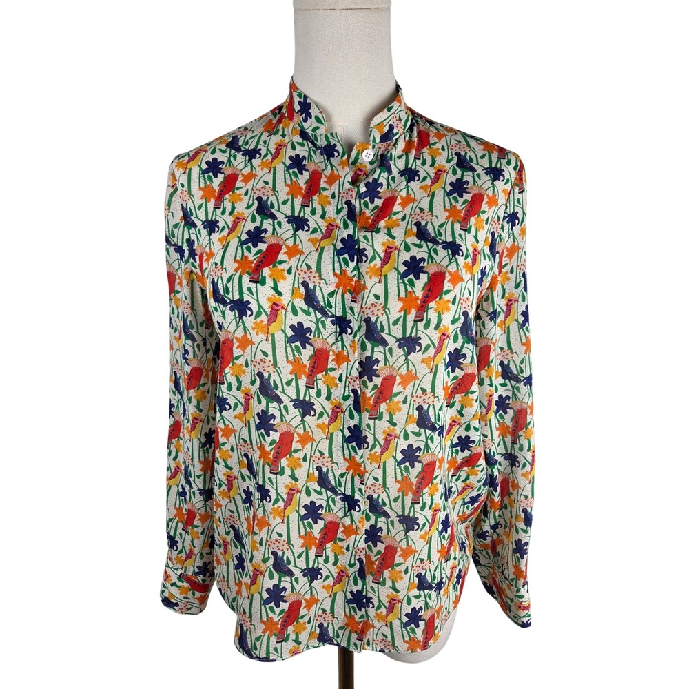 Alice + Olivia Eloise Blouse XS Multi Bird Print Mandarin Collar Silk Whimsical